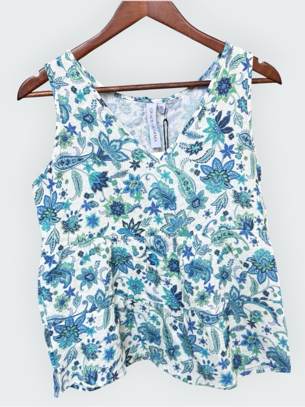 Grace+Karma NWT Blue Green Paisley Floral V-Neck Sleeveless Tiered Blouse Tank S